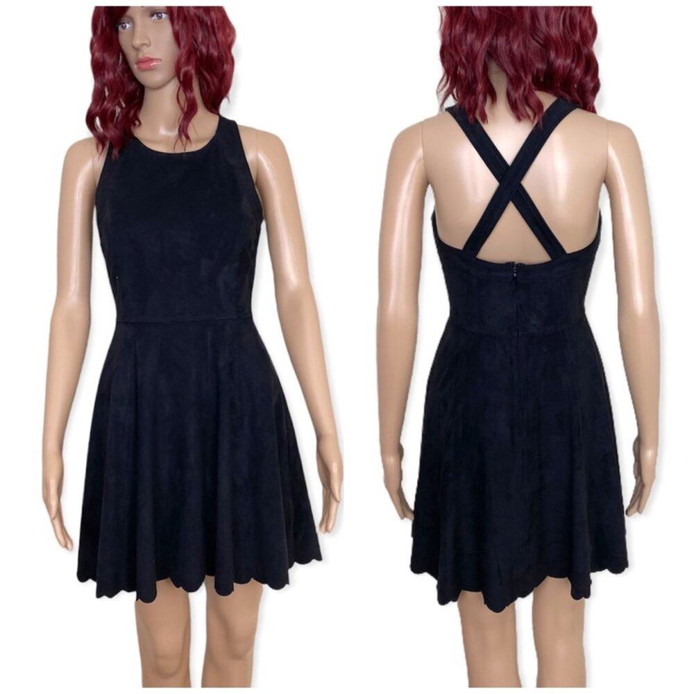 Express Scalloped Black Mini Dress Small Suede-Like Fit & Flare